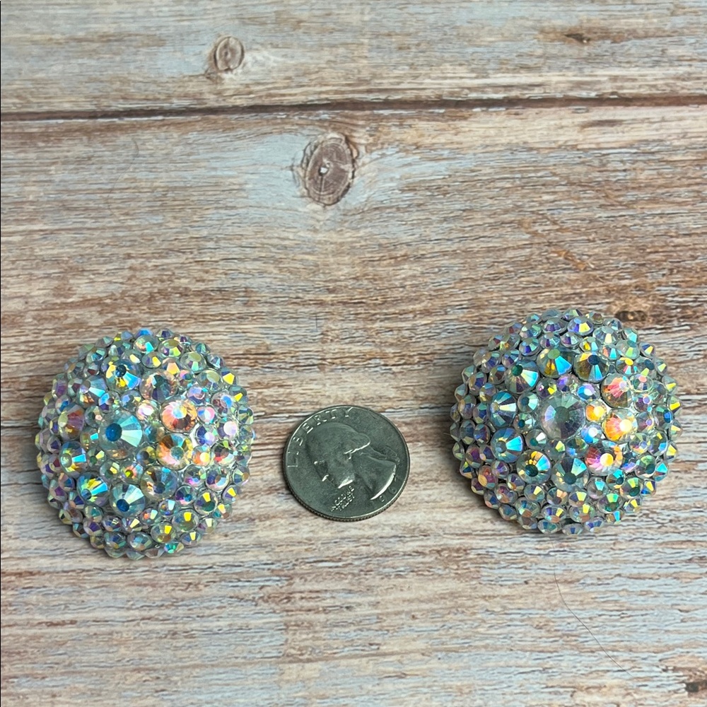 Sparkling Large AB Rhinestone Dome Button Clip on Earrings